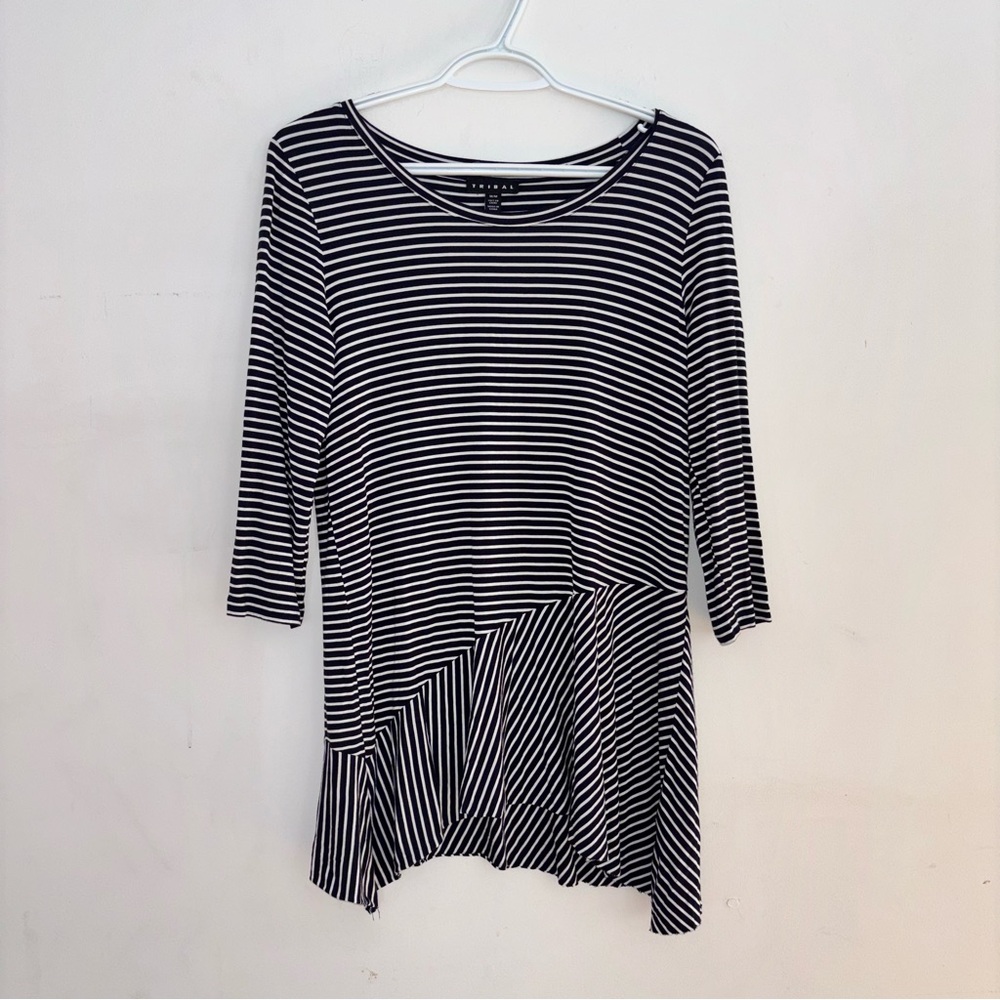 Tribal Black White Striped Tunic Top Medium Asymmetrical Hem
